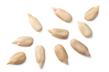 Beyaz arka planda izole edilmiş ayçiçeği tohumları. Üst görünüm