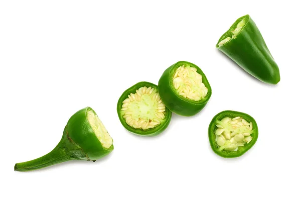 Scheiben Geschnittene Grüne Chilischoten Isoliert Auf Weißem Hintergrund Von Oben — Stockfoto