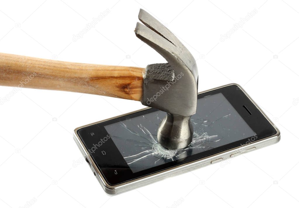 crash mobile phone smash by rusty iron hammer isolated on white background