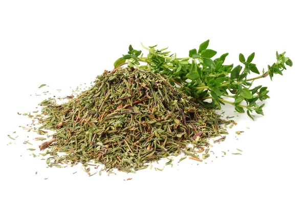 Green thyme with dried thyme leaves isolated on white background close up — Stock Photo, Image
