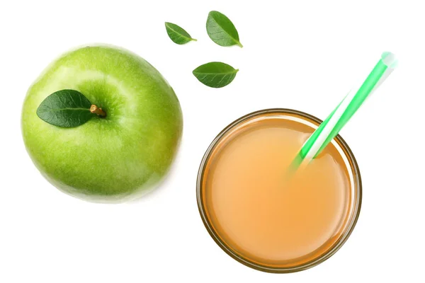 Een groene appel met appelsap geïsoleerd op een witte achtergrond. bovenaanzicht — Stockfoto