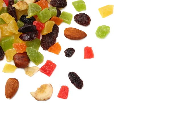 Kandierte Früchte Mischen Sich Mit Rosinen Mandeln Haselnüssen Müsli Gesunde — Stockfoto