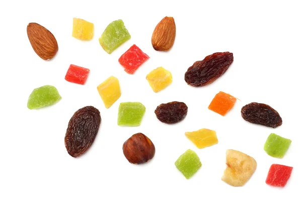 Şekerlenmiş Meyve Kuru Üzüm Badem Fındık Ile Karıştırın Müsli Sağlıklı — Stok fotoğraf