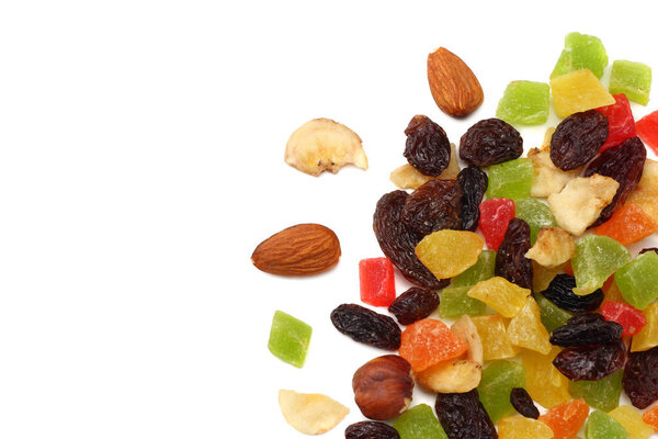 candied fruits mix with raisins, almonds, hazelnut. muesli. healthy food. fitness food. top view