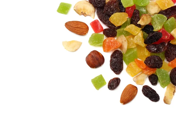 Las Frutas Confitadas Mezclan Con Pasas Almendras Avellanas Muesli Comida — Foto de Stock