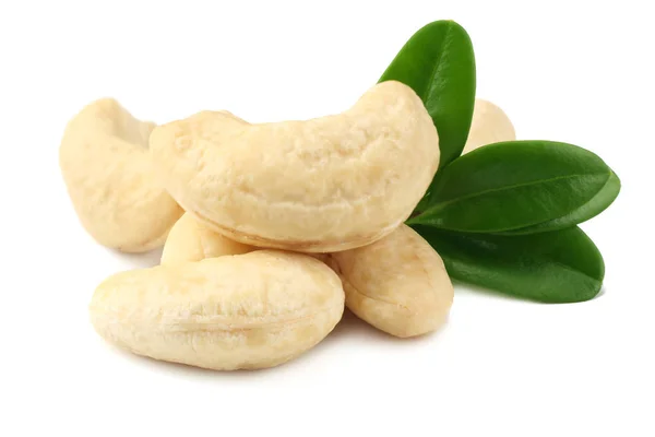 Cashew Mit Grünen Blättern Isoliert Auf Weißem Hintergrund — Stockfoto