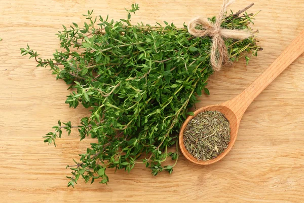 Green Thyme Bunch Dried Thyme Seeds Wooden Background Top View Stock Image