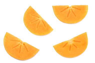 Beyaz arka plan üzerinde izole taze olgun Trabzon hurması dilimleri. üstten görünüm