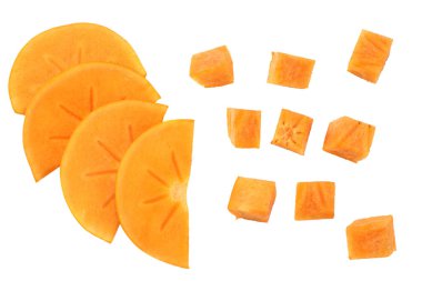 Beyaz arka plan üzerinde izole taze olgun Trabzon hurması dilimleri. üstten görünüm