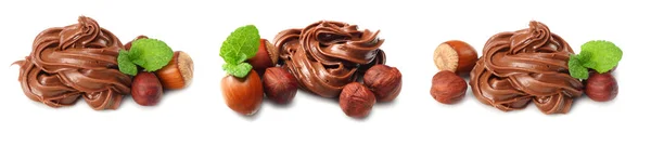 Čokoládový Krém Lískových Oříšků Izolovaných Bílém Pozadí Čokoládový Krém Kolekce — Stock fotografie