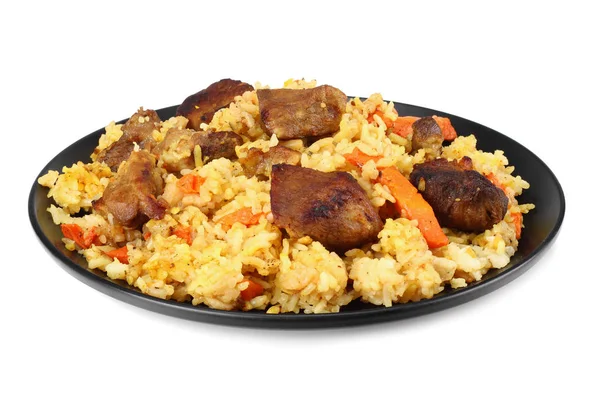 Pilaf Com Carne Placa Preta Isolada Fundo Branco — Fotografia de Stock