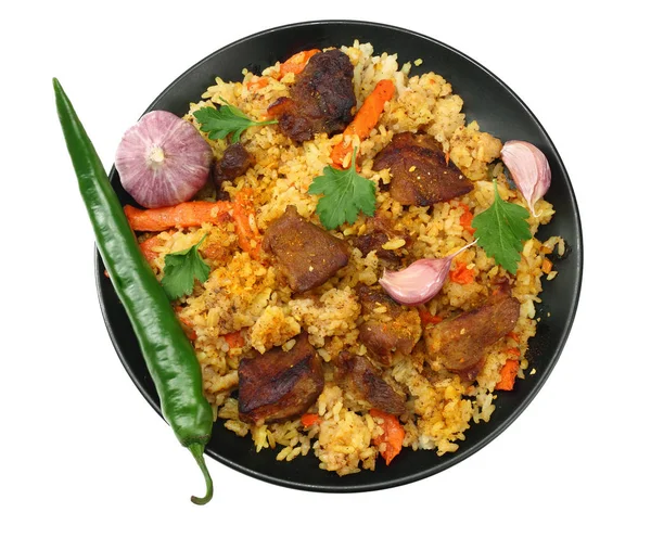 Pilaf Com Carne Pimenta Placa Preta Isolada Fundo Branco Vista — Fotografia de Stock