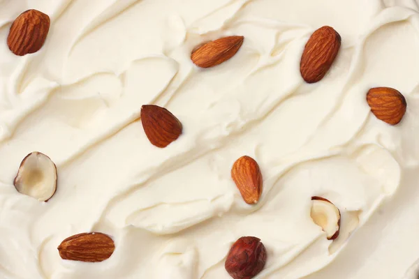 Joghurt Hintergrund Mit Mandeln Joghurt Textur Ansicht Von Oben — Stockfoto