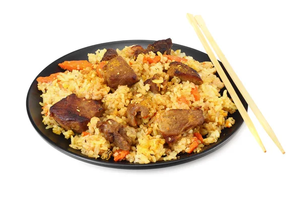 Pilaf Com Carne Placa Preta Isolada Fundo Branco — Fotografia de Stock