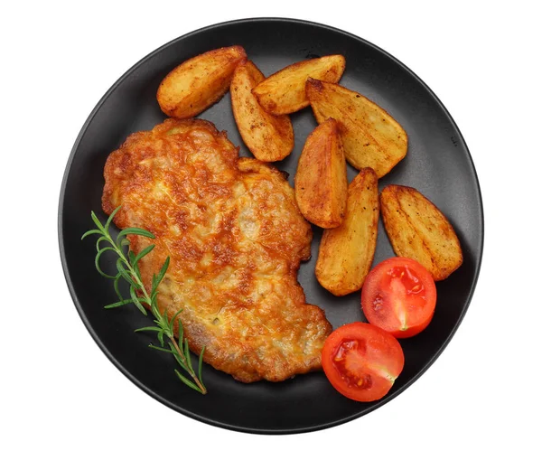 Batata Frita Cunhas Com Schnitzel Isolado Fundo Branco Vista Superior — Fotografia de Stock