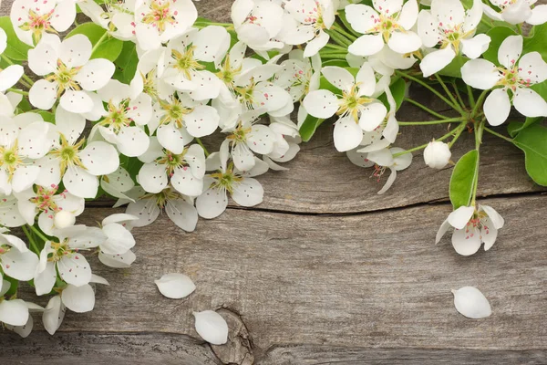 Λευκά Άνθη Κερασιάς Παλιό Ξύλινο Υπόβαθρο Top View — Φωτογραφία Αρχείου