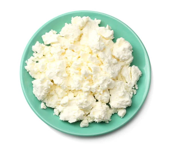 Cottage Cheese Blue Bowl Isolated White Background Top View — Stock Photo, Image