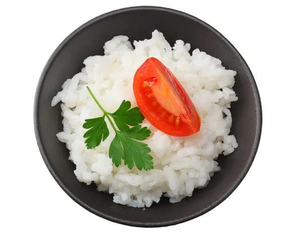 Arroz Branco Com Tomate Tigela Preta Isolado Sobre Fundo Branco — Fotografia de Stock