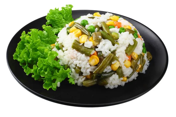 Black Plate White Rice Green Peas Canned Corn Kernels Cut — Stock Photo, Image