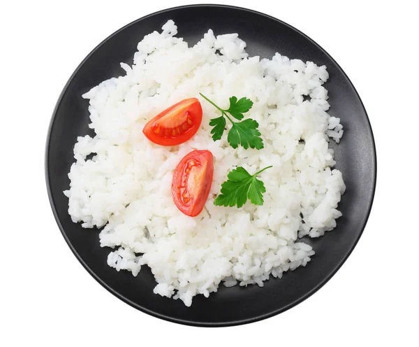 Arroz Branco Com Tomate Tigela Preta Isolado Sobre Fundo Branco — Fotografia de Stock