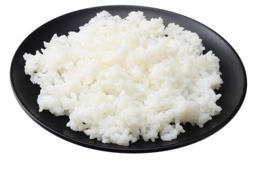 Beyaz pirinç siyah kase beyaz arka plan üzerinde izole