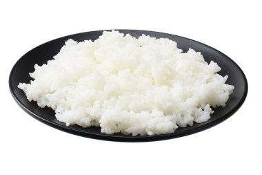 Beyaz pirinç siyah kase beyaz arka plan üzerinde izole