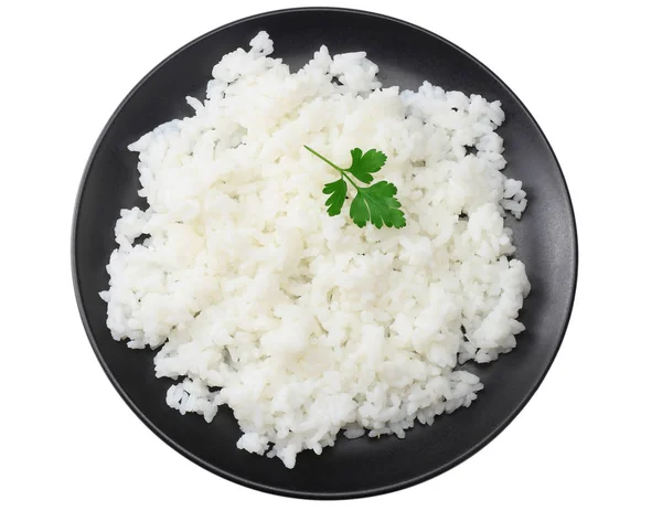 Arroz Branco Tigela Preta Isolado Sobre Fundo Branco Vista Superior — Fotografia de Stock