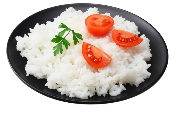 Arroz Branco Com Tomate Tigela Preta Isolada Sobre Fundo Branco — Fotografia de Stock