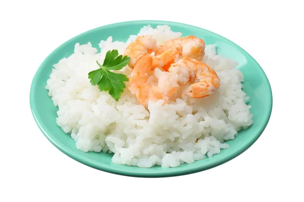 Arroz Blanco Con Gambas Tazón Azul Aislado Sobre Fondo Blanco — Foto de Stock