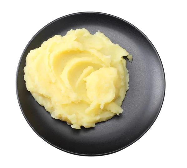 Картофельное Пюре Черной Тарелке Белом Фоне Вид Сверху — стоковое фото