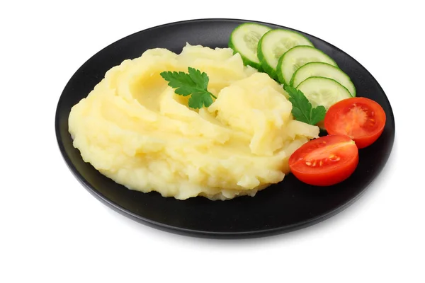 Mashed Potatoes Black Plate Isolated White Background — Stock Photo, Image