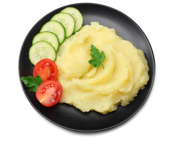 Mashed Potatoes Black Plate Isolated White Background Top View — Stock Photo, Image
