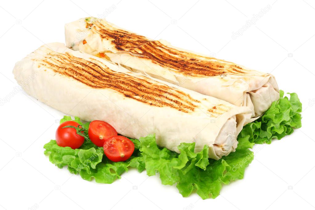 shawarma with lettuce isolated on white background. fast food