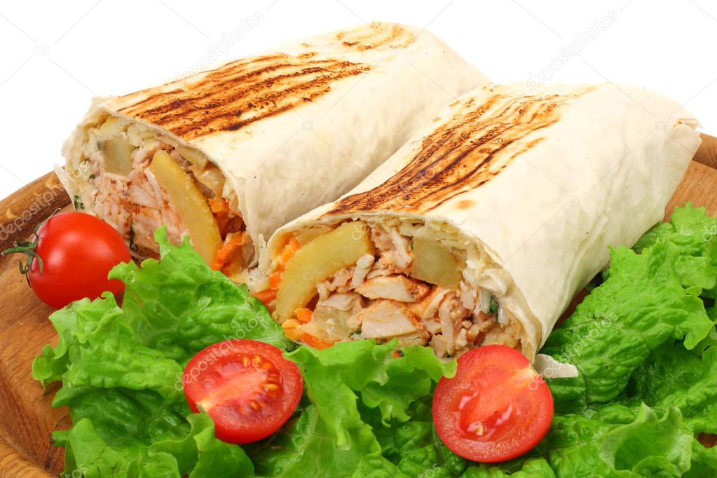 shawarma with lettuce isolated on white background. fast food