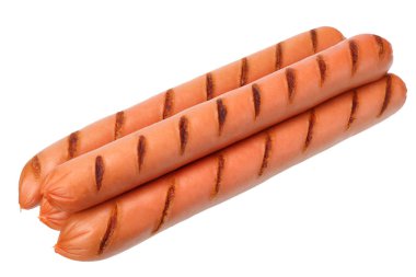 Izgara sosisler beyaz arka planda izole edilmiş. 