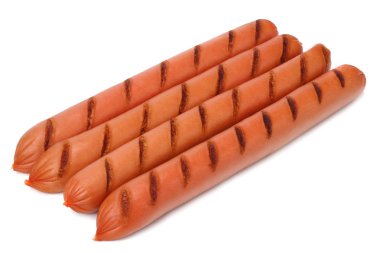 Izgara sosisler beyaz arka planda izole edilmiş. 