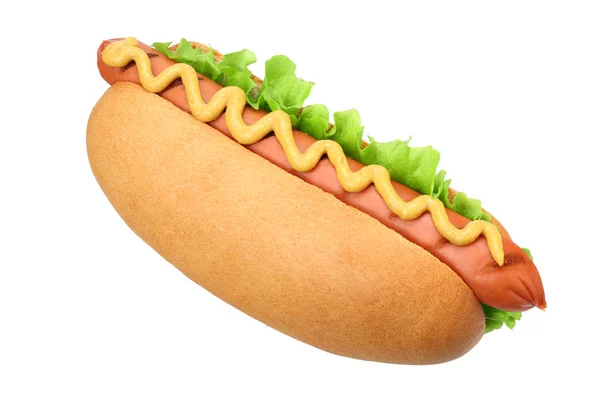 Grelha de cachorro-quente com alface e mostarda isoladas em fundo branco. fast food . — Fotografia de Stock