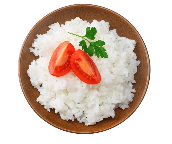 Білий рис з помідорами в коричневій мисці ізольовані на білому тлі. вид зверху — стокове фото