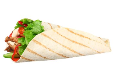 Kızarmış tavuk eti ve sebze beyaz arka plan üzerinde izole tortilla sarın. lokanta 