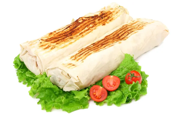 沙瓦马与生菜隔离在白色的背景。快餐 — 图库照片