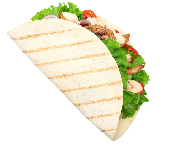 Tortilla wrap with fried chicken meat and vegetables isolated on white background. fast food 