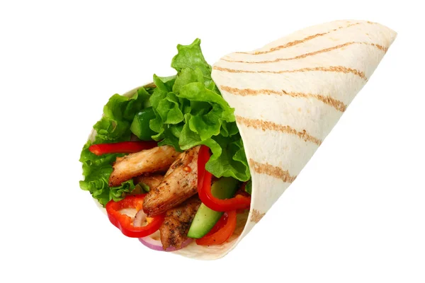 Tortilla wrap with fried chicken meat and vegetables isolated on white background. fast food — Stock Photo, Image