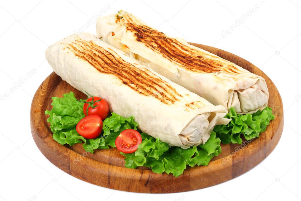 shawarma with lettuce isolated on white background. fast food 