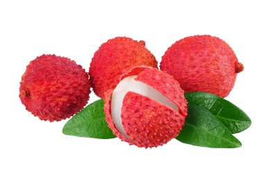 Beyaz arka planda izole yaprakları ile taze Lychee. üst görünüm 