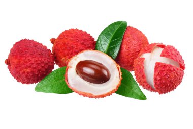 Beyaz arka planda izole yaprakları ile taze Lychee. üst görünüm 