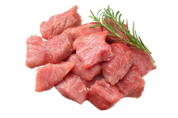 Trozos de carne de res cruda aislados sobre fondo blanco. vista superior — Foto de Stock