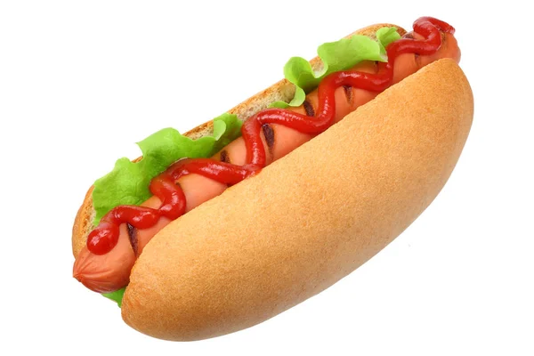 Hot dog grill med sallad isolerad på vit bakgrund. snabbmat. — Stockfoto