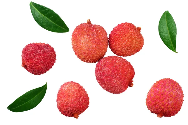 Fräsch Litchi med löv isolerade på vit bakgrund. vy uppifrån — Stockfoto