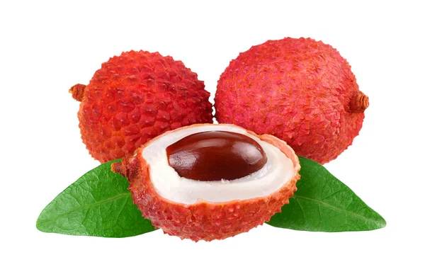 Färsk litchi med blad isolerade på vit bakgrund — Stockfoto