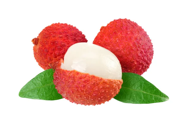 Färsk litchi med blad isolerade på vit bakgrund — Stockfoto